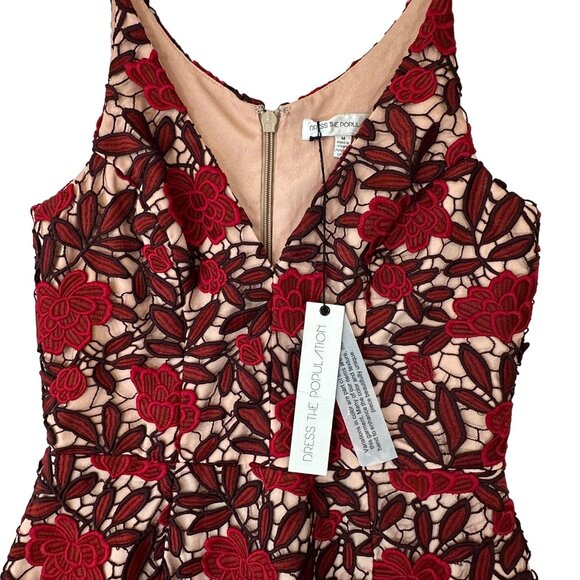 Dress The Population Lily Floral Lace Dress Midi Red & Nude Sz M NWT - Picture 3 of 16